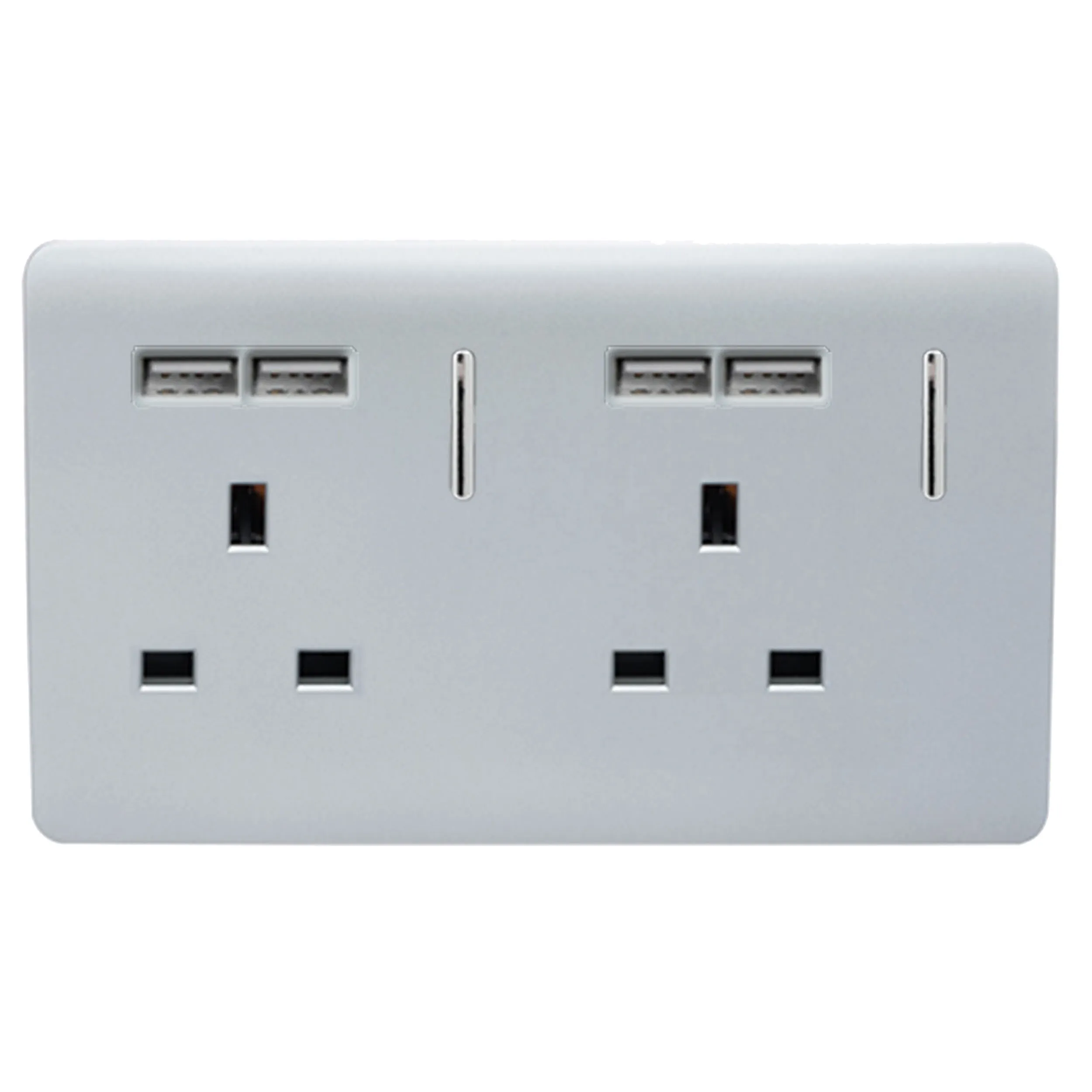 2 Gang 13Amp Switched Double Socket With 4X 2.1Mah USB Silver